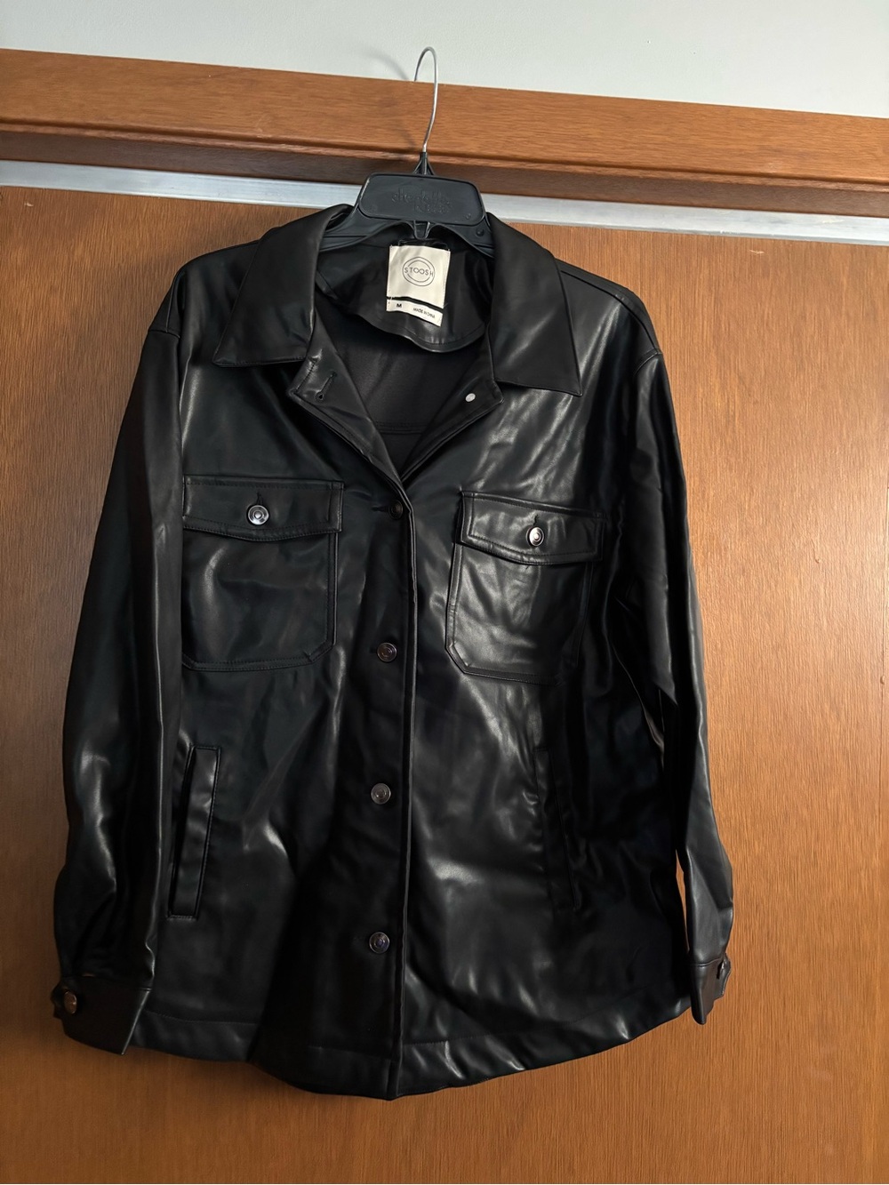 Stoosh Black Faux Leather Shirt Jacket with Button Front